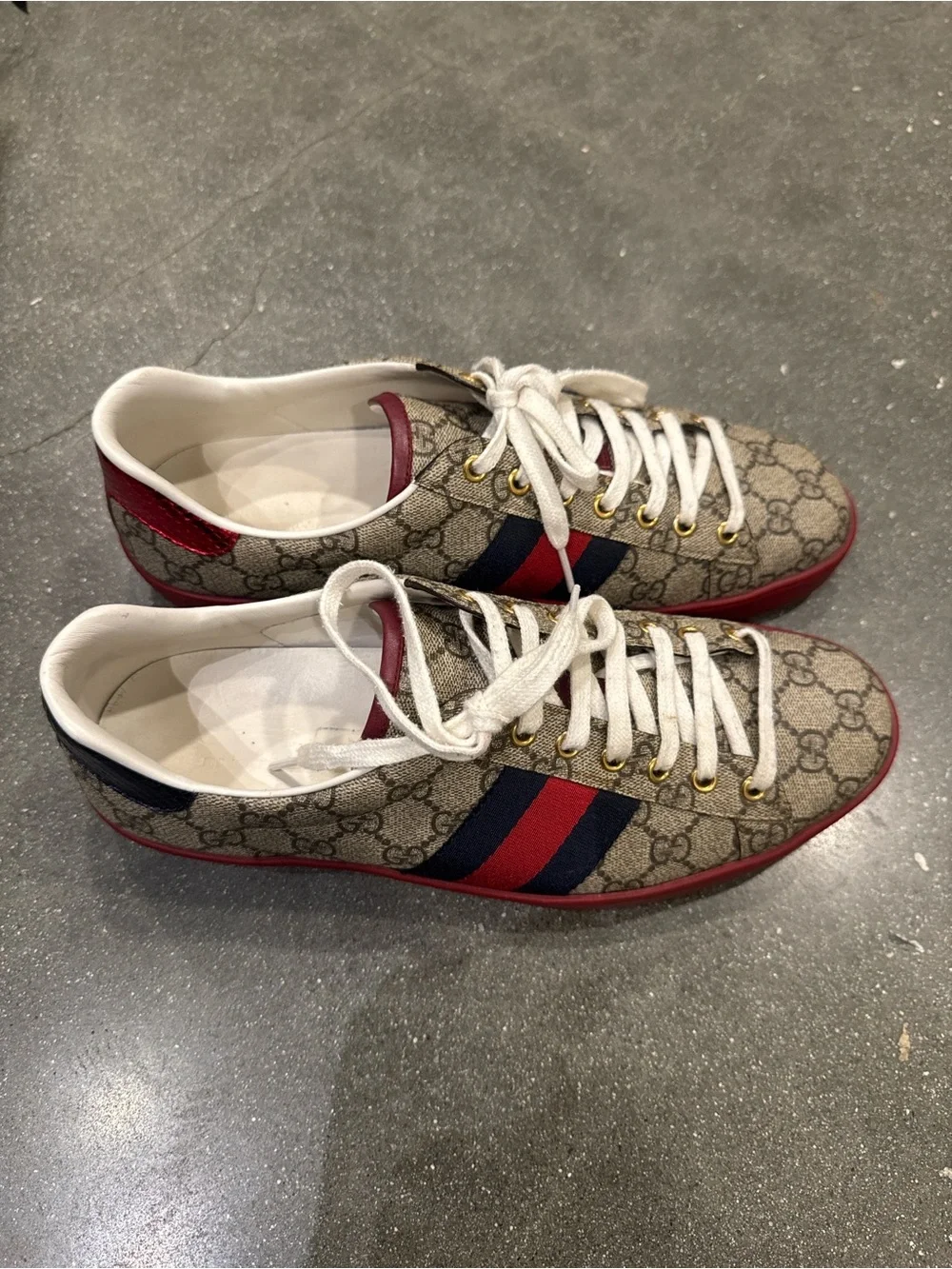 Gucci GG Supreme Canvas Sneakers with Red Trim and Navy Stripes